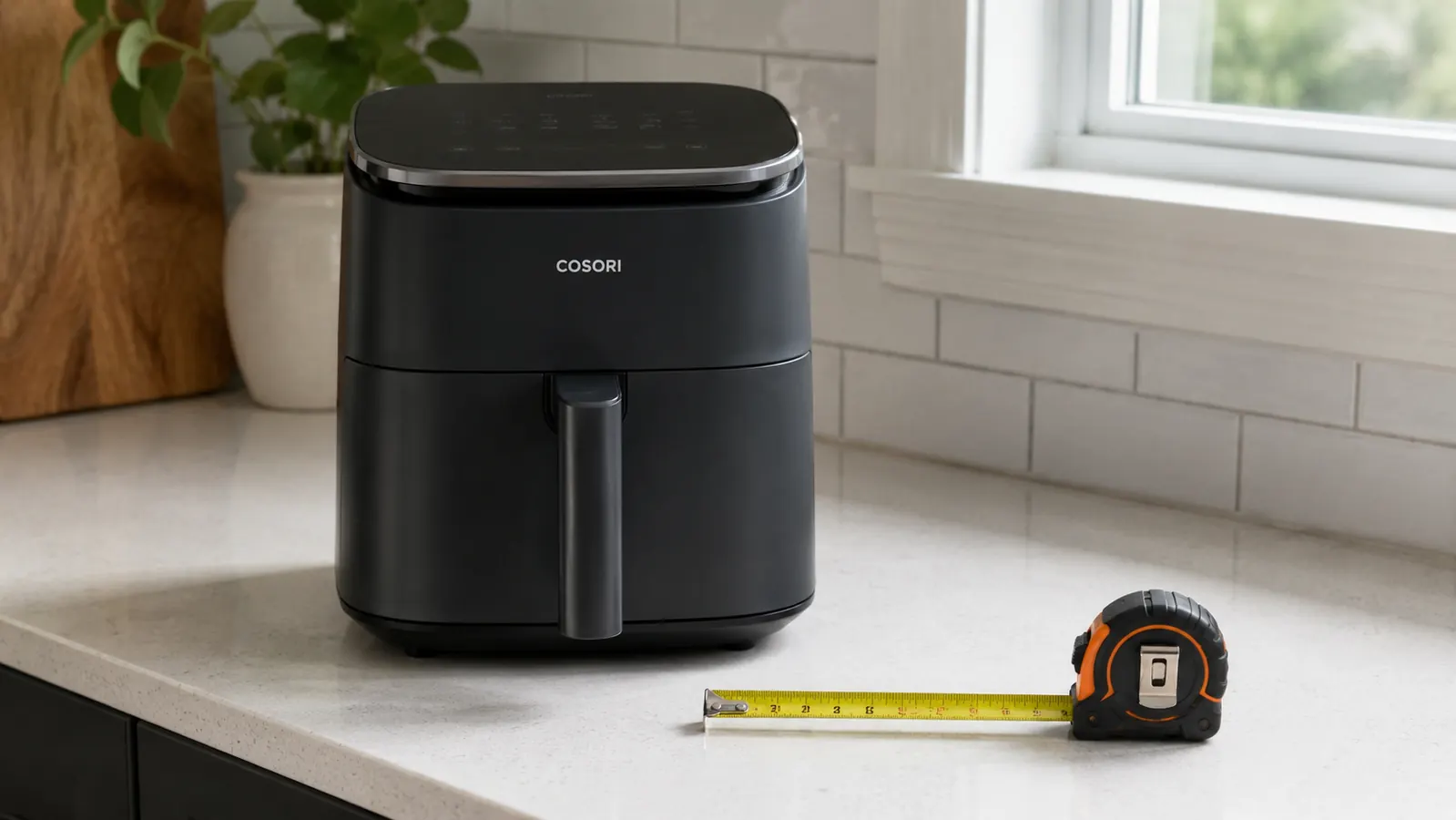 Cosori Air Fryer sitting next to a tape measure showing its compact 11-inch footprint on a kitchen counter