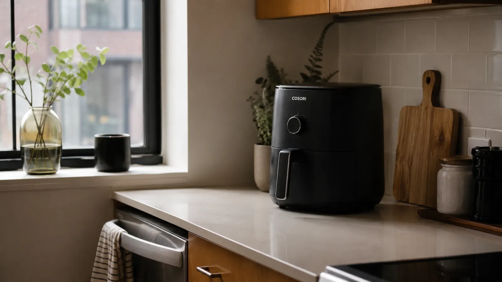 Cosori Air Fryer Pro LE on a small apartment kitchen counter next to a window with morning light coming in