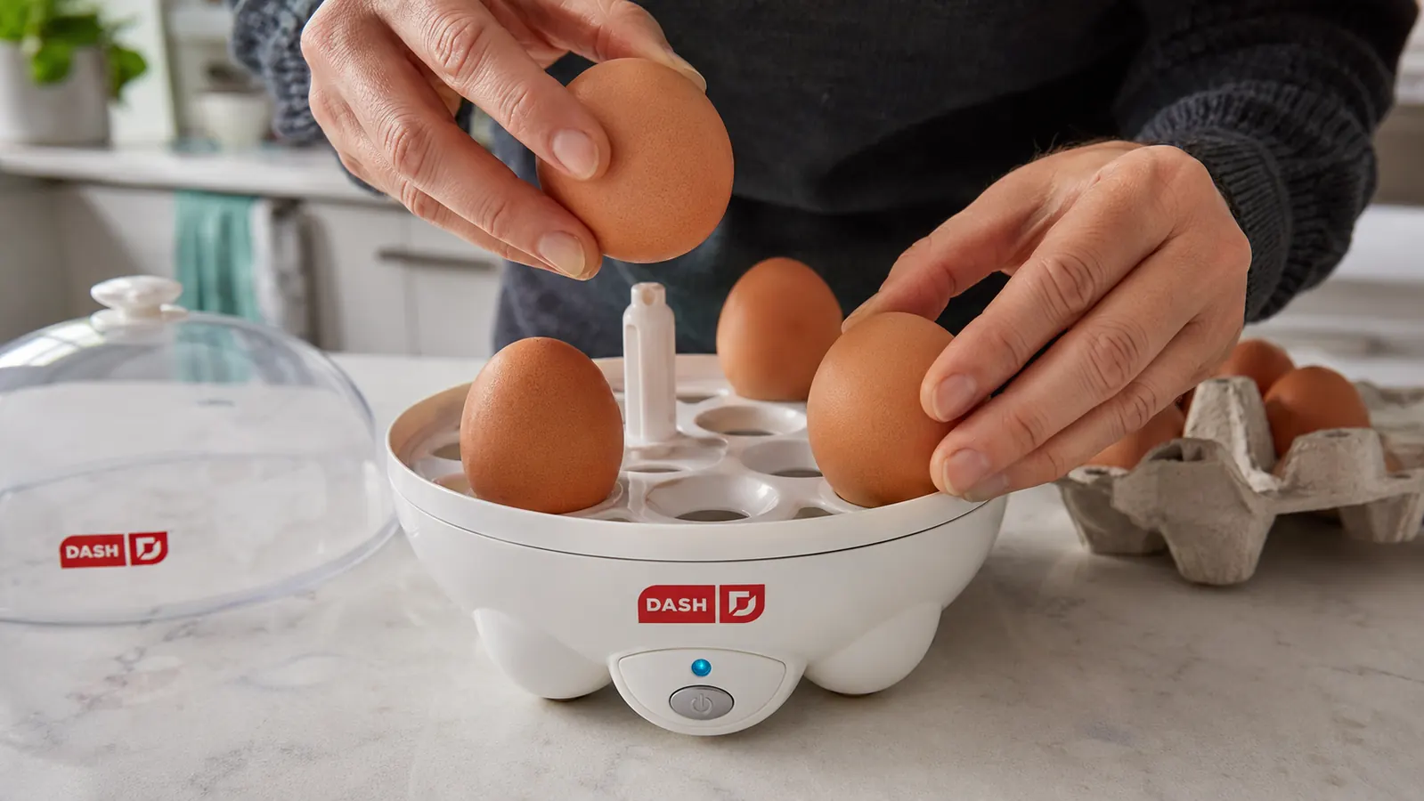 Hand placing eggs into the Dash Rapid Egg Cooker tray before cooking