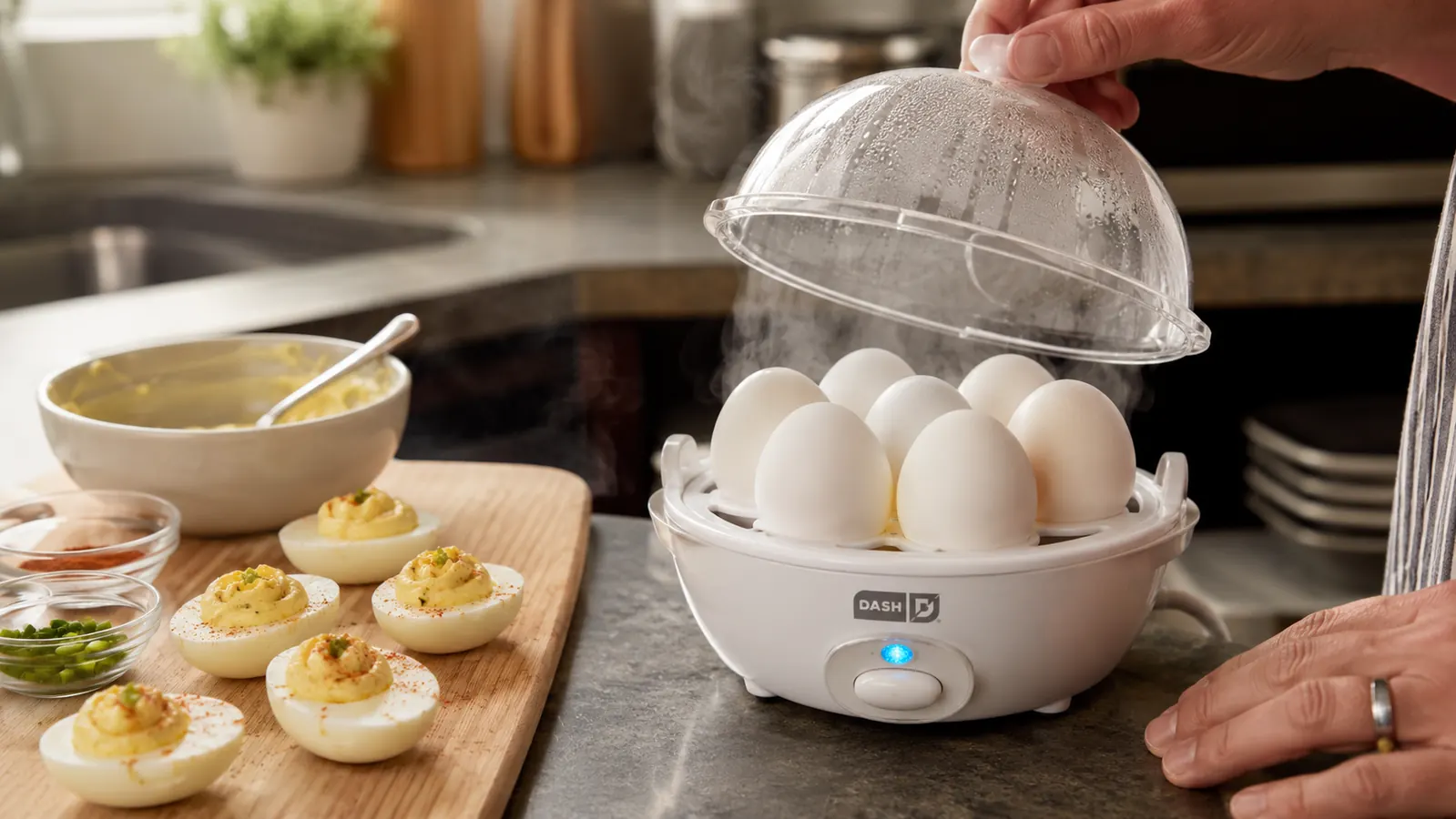 Six perfectly hard-boiled eggs on a small cutting board next to the Dash egg cooker lid
