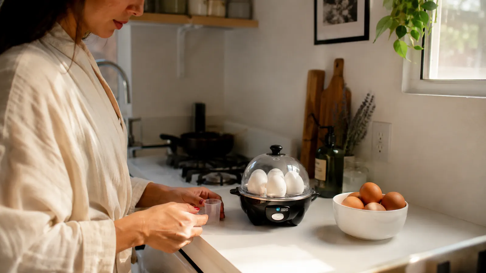 Dash Rapid Egg Cooker sitting on a small apartment kitchen counter next to a bowl of fresh eggs, warm morning light