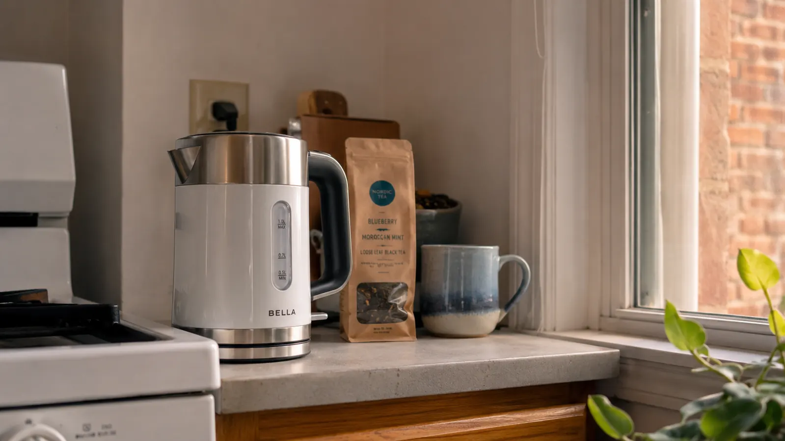 Hamilton Beach electric kettle on a small apartment kitchen counter next to a mug of tea