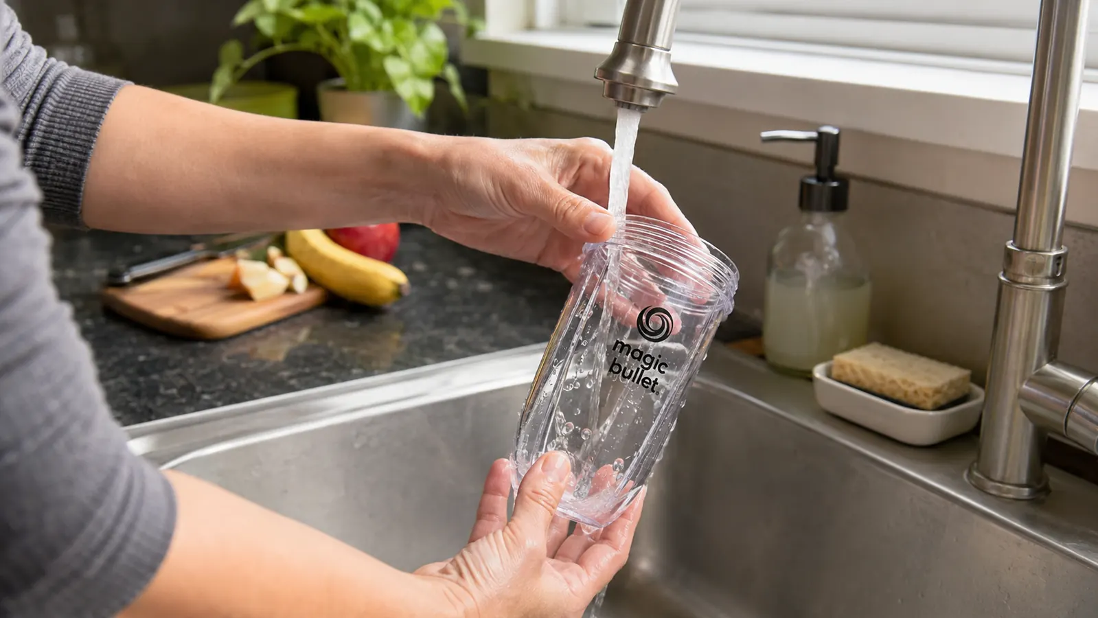 Magic Bullet cup being rinsed quickly under a kitchen faucet, showing how fast cleanup is