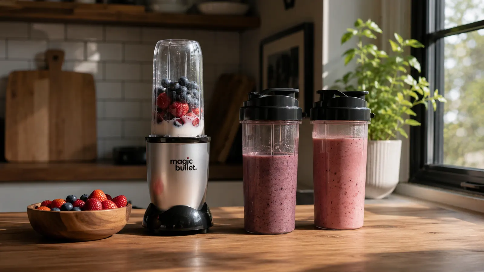 Magic Bullet blender cups lined up on a small apartment kitchen counter next to a cutting board and fresh fruit