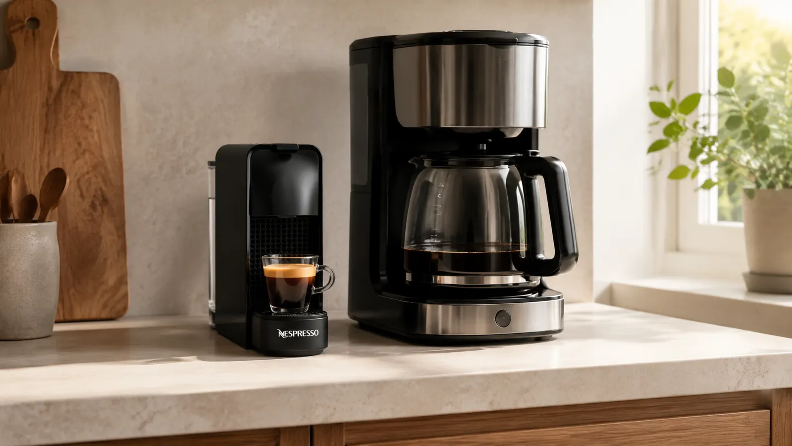 Hand placing a Nespresso capsule into the Essenza Mini machine on a small countertop