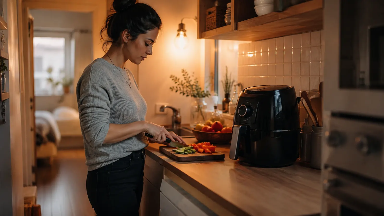 Compact apartment galley kitchen with warm evening light, clean countertops, and a small air fryer sitting next to a cutting board with fresh vegetables