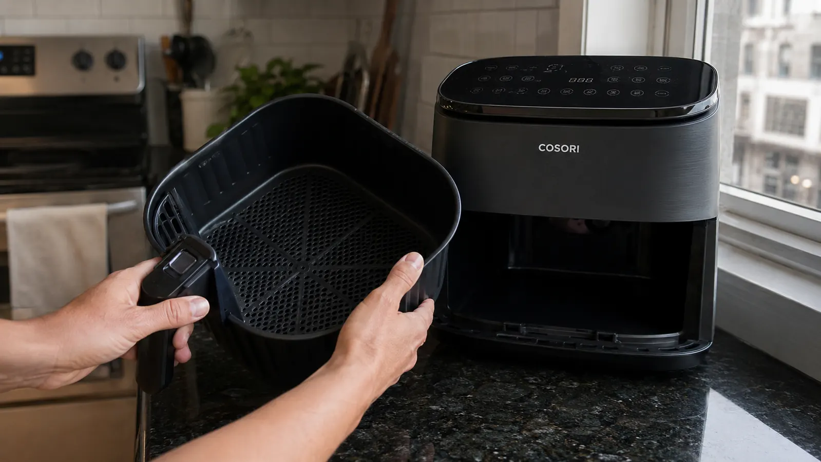 Inside of the Cosori air fryer basket showing light grease residue after cooking chicken wings