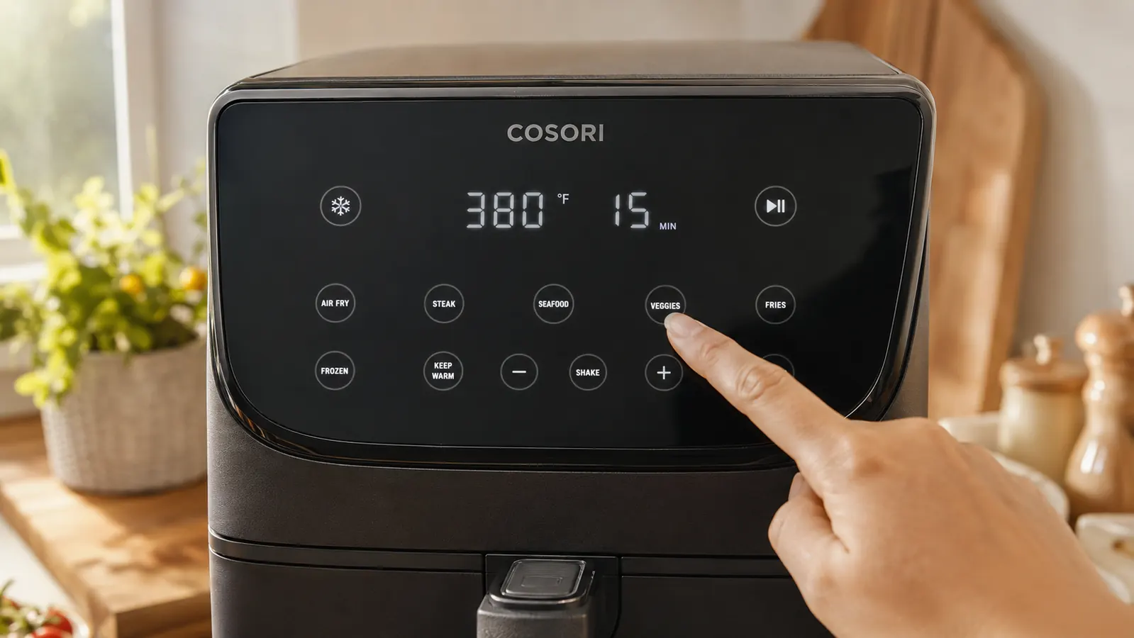 Hand arranging chicken pieces in a single layer inside a Cosori air fryer basket with space between each piece