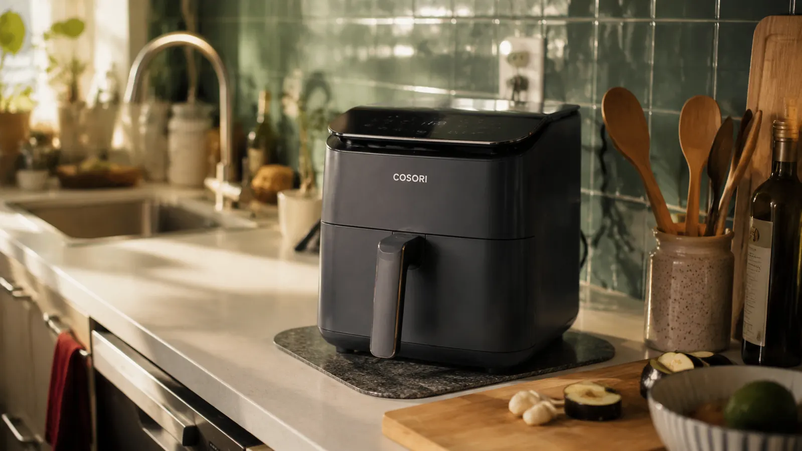 Cosori Air Fryer Pro LE on a small apartment kitchen counter with used cooking accessories nearby, honest lived-in setting