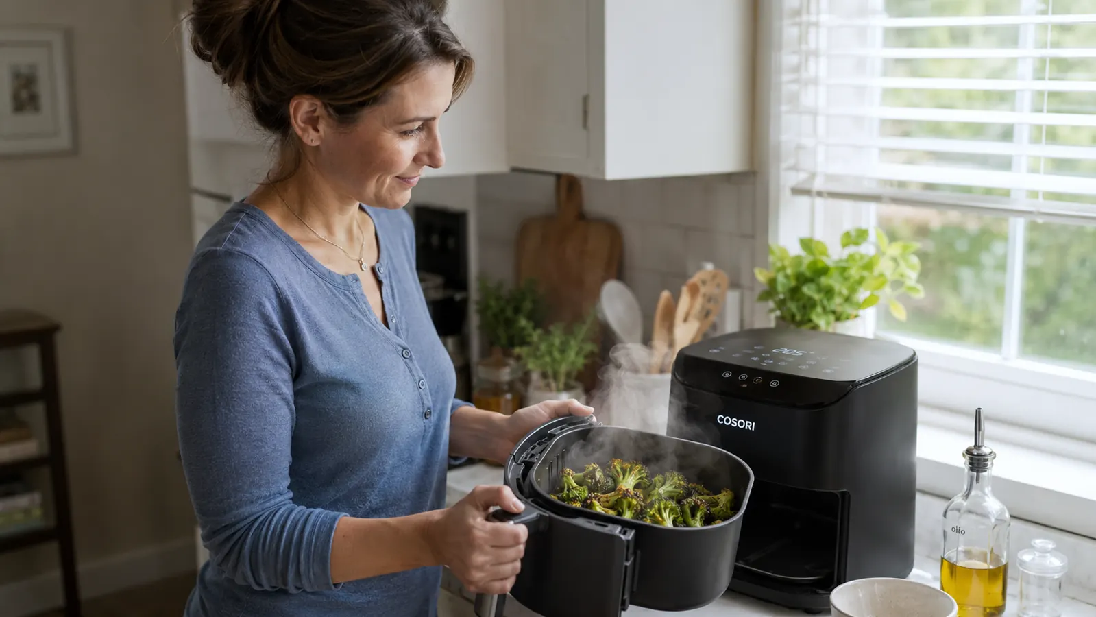 Hand pulling out the Cosori air fryer basket showing golden roasted broccoli inside