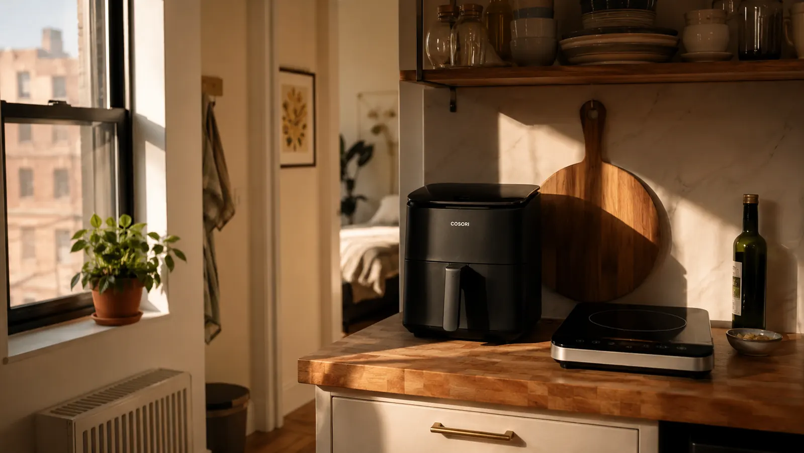 Cosori Air Fryer Pro LE sitting on a compact apartment kitchen counter next to a single-burner induction cooktop