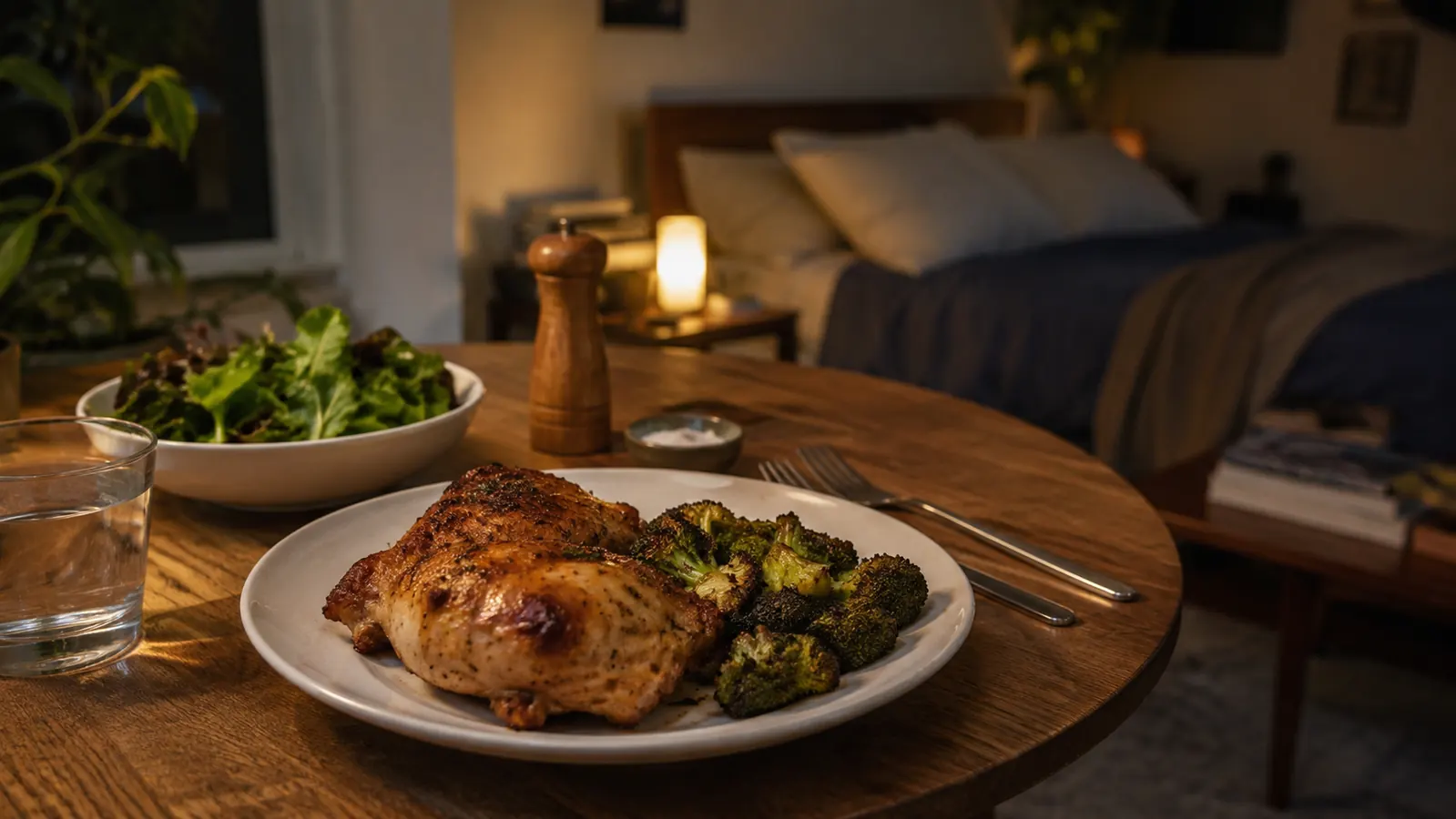 Crispy chicken thighs and roasted vegetables plated from a small air fryer in a studio apartment kitchen