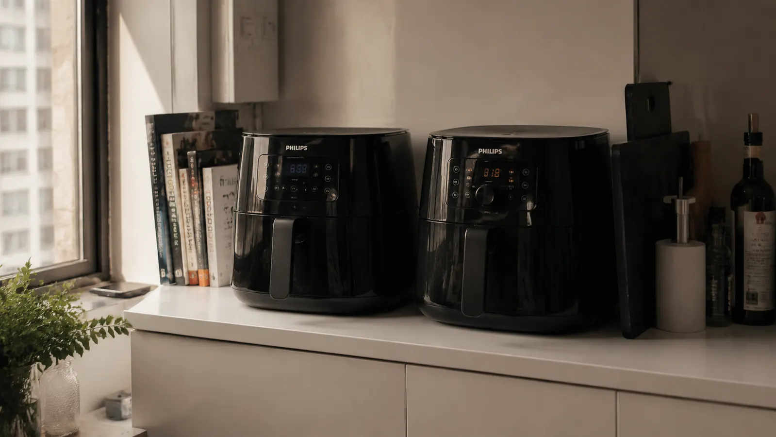 Two compact air fryers side by side on a small apartment kitchen counter with limited counter space