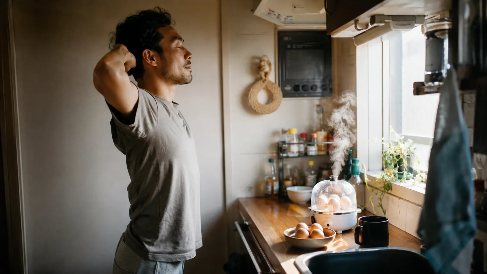 Compact egg cooker on a small apartment kitchen counter next to a bowl of fresh eggs and a cup of coffee in morning light
