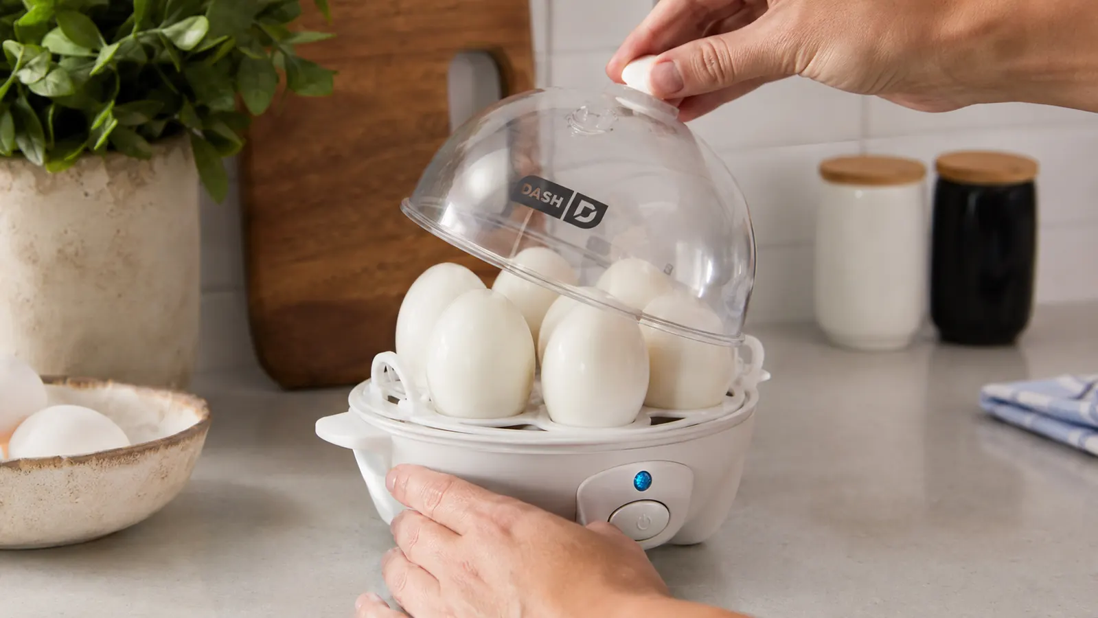 Hand placing eggs into the Dash Rapid Egg Cooker tray before closing the dome lid