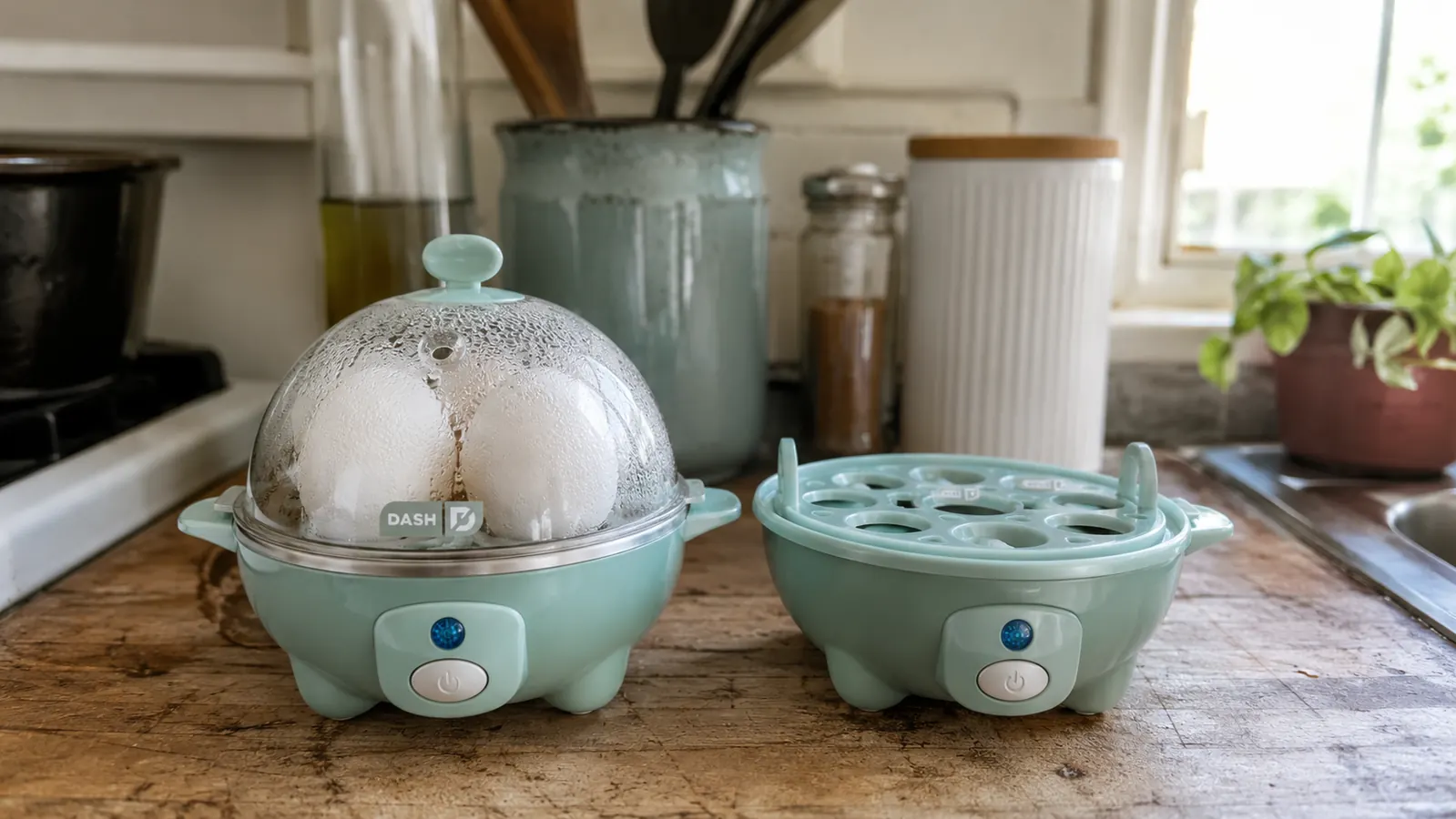 Dash Rapid Egg Cooker next to a stovetop pot to show the size comparison in a small kitchen