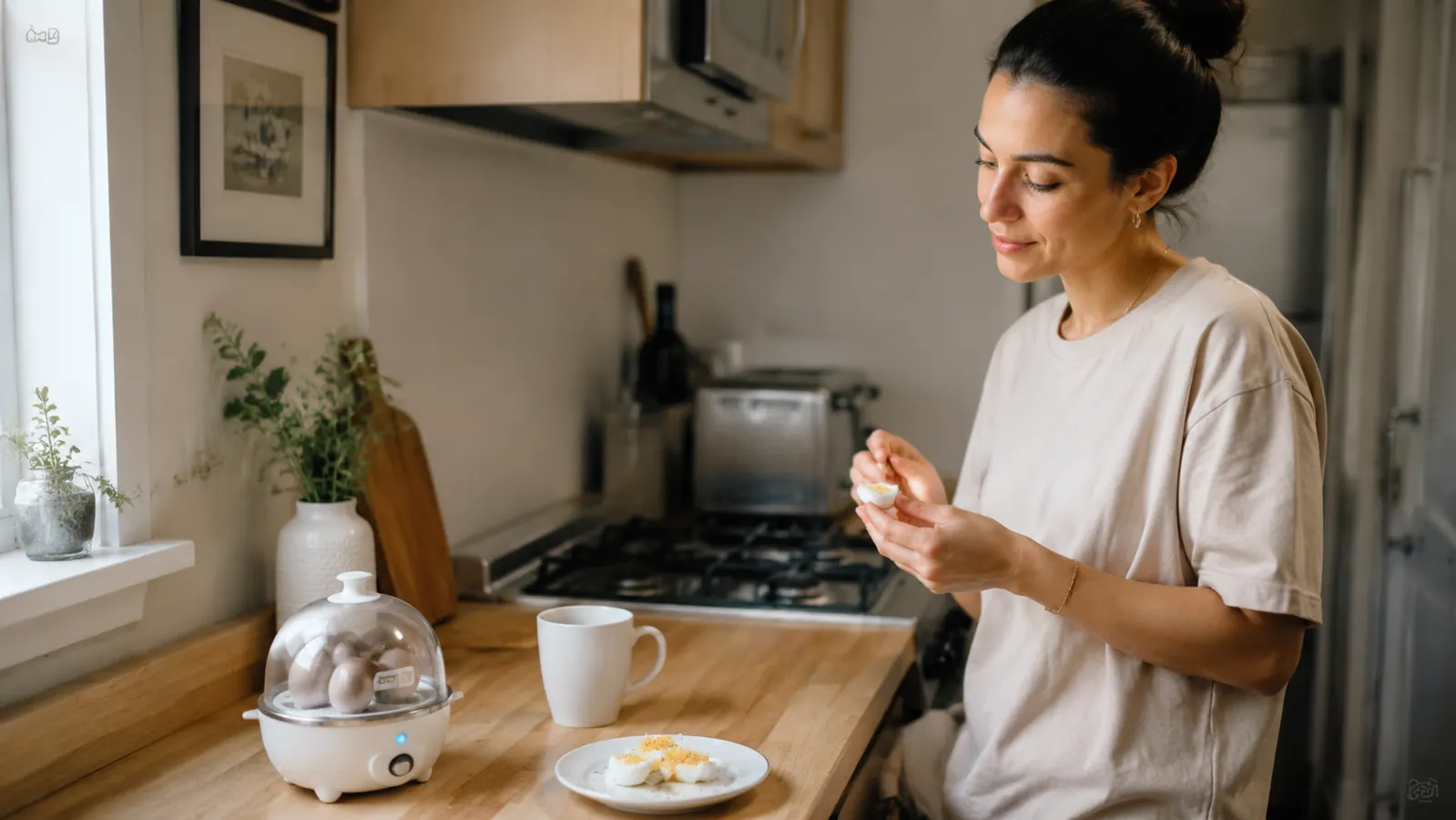 Dash Rapid Egg Cooker on a small apartment kitchen counter next to a coffee mug and a single-burner setup
