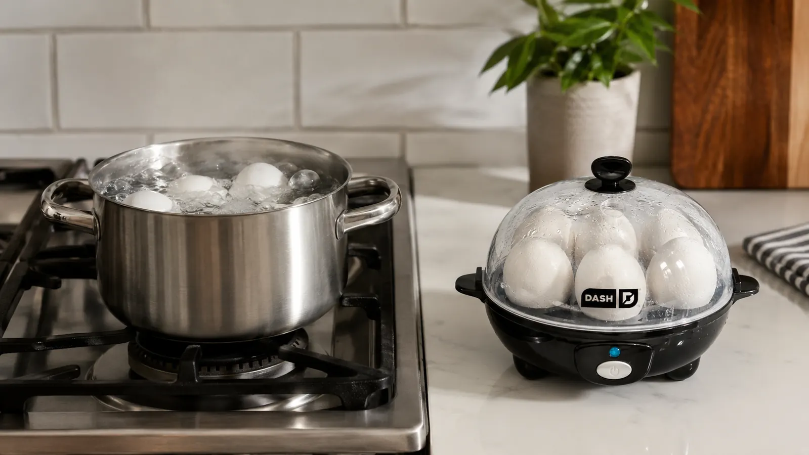 Hand placing eggs into the Dash Rapid Egg Cooker tray in a galley kitchen