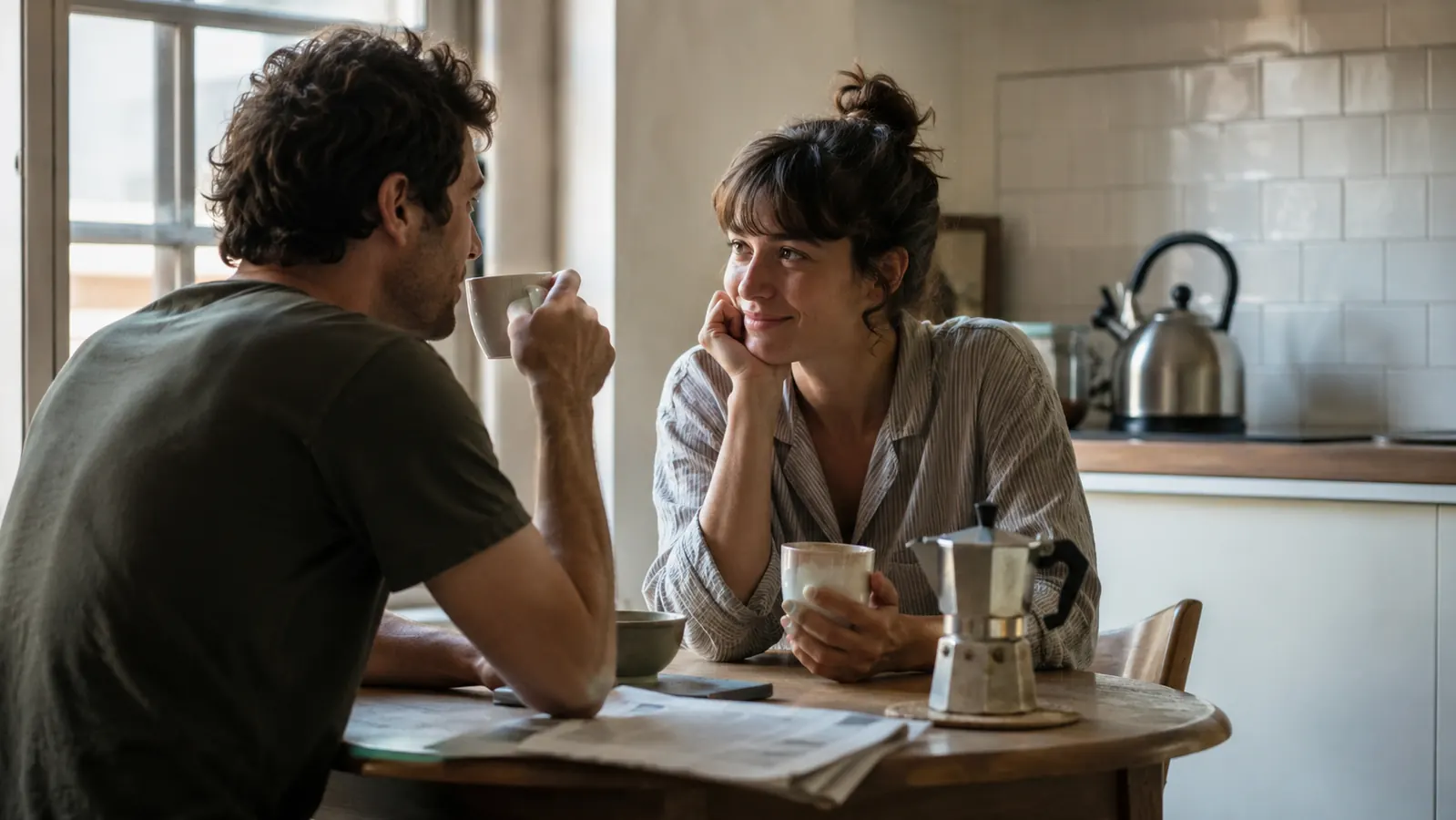 Two people sharing coffee at a small kitchen table in a cozy apartment, kettle visible on the counter behind them