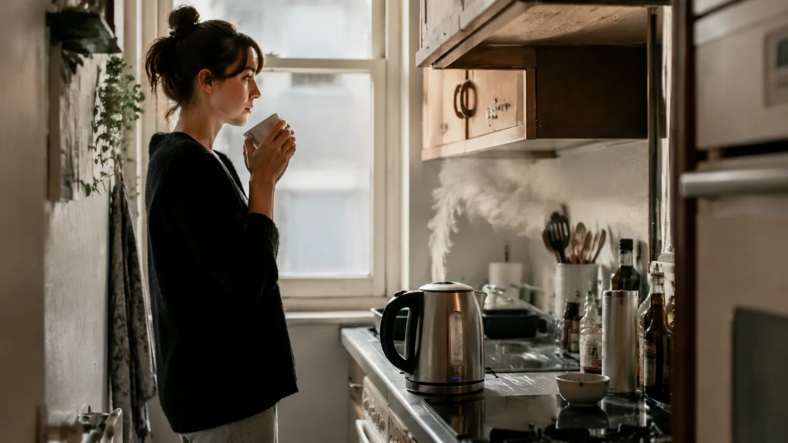 Compact electric kettle on a small apartment kitchen counter next to a coffee mug and morning light coming through a window
