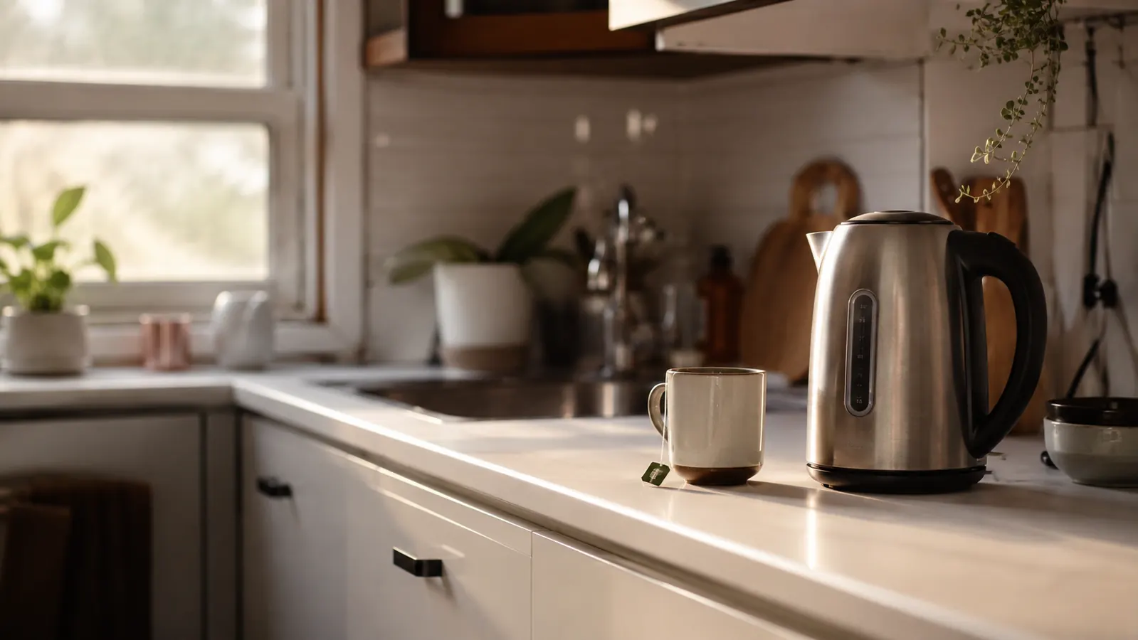 Hamilton Beach electric kettle on a small apartment kitchen counter next to a mug of tea
