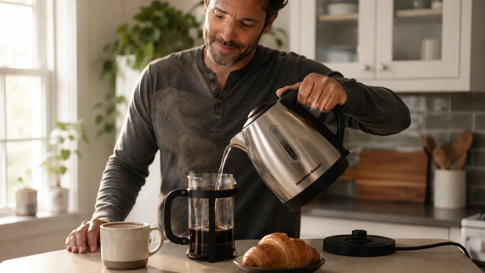 Hand pouring boiling water from a Hamilton Beach kettle into a French press on a tiny kitchen counter