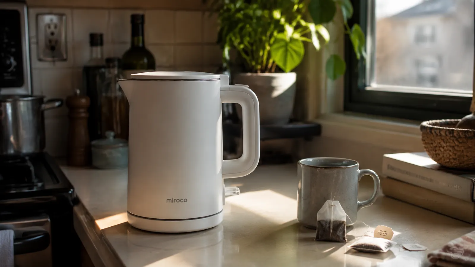 Hamilton Beach electric kettle sitting on a small apartment kitchen counter beside a mug and tea bags