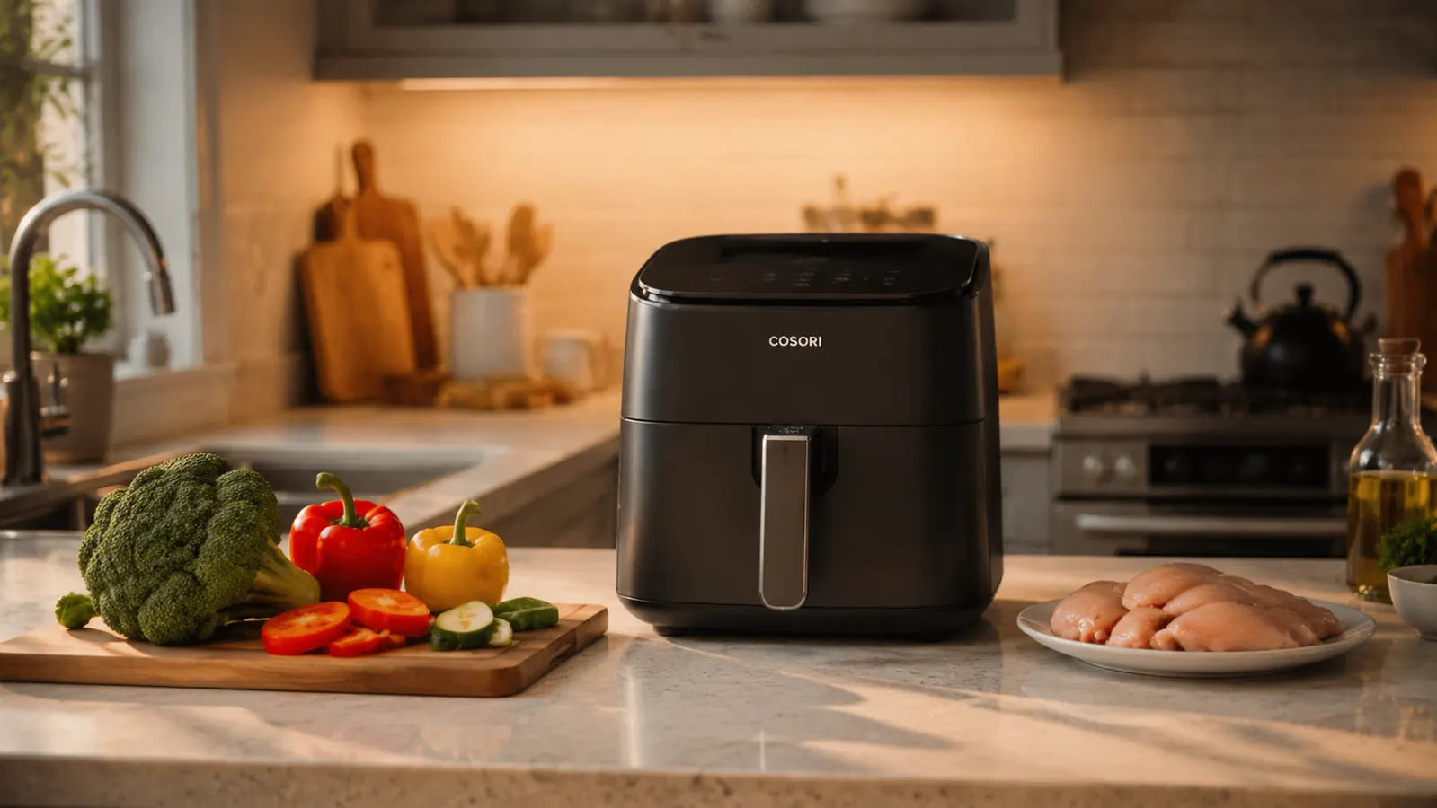 Compact Cosori air fryer on a small apartment kitchen counter next to fresh vegetables and herbs