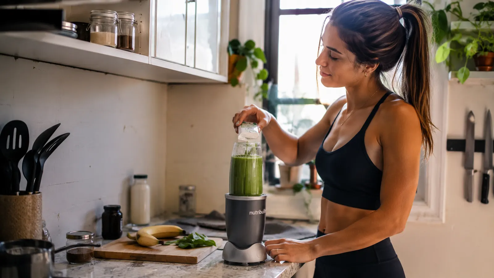 Small apartment kitchen counter with a Magic Bullet personal blender next to a glass of green smoothie and fresh spinach leaves