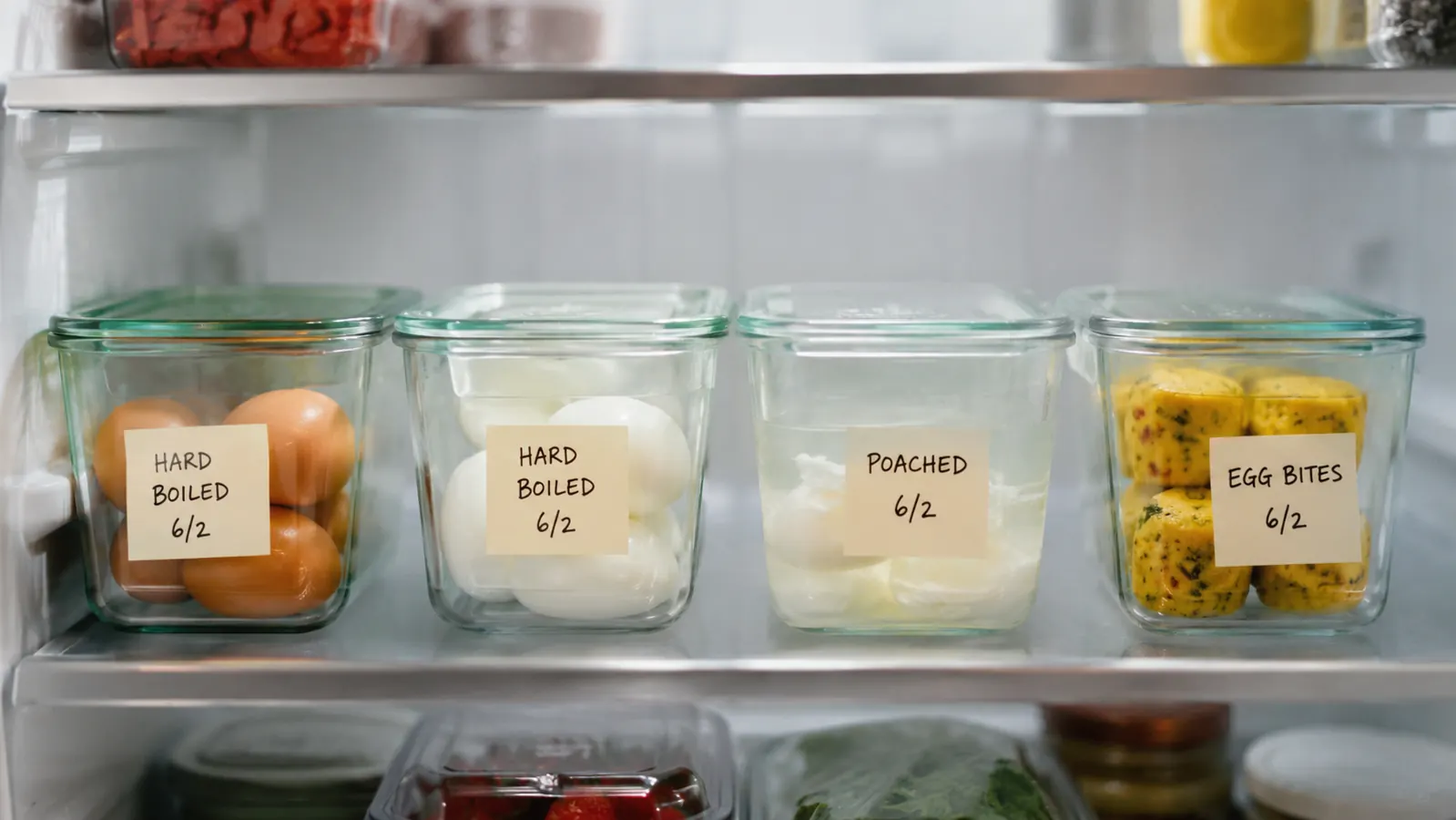 Four glass containers of prepped eggs lined up in a refrigerator shelf for the week
