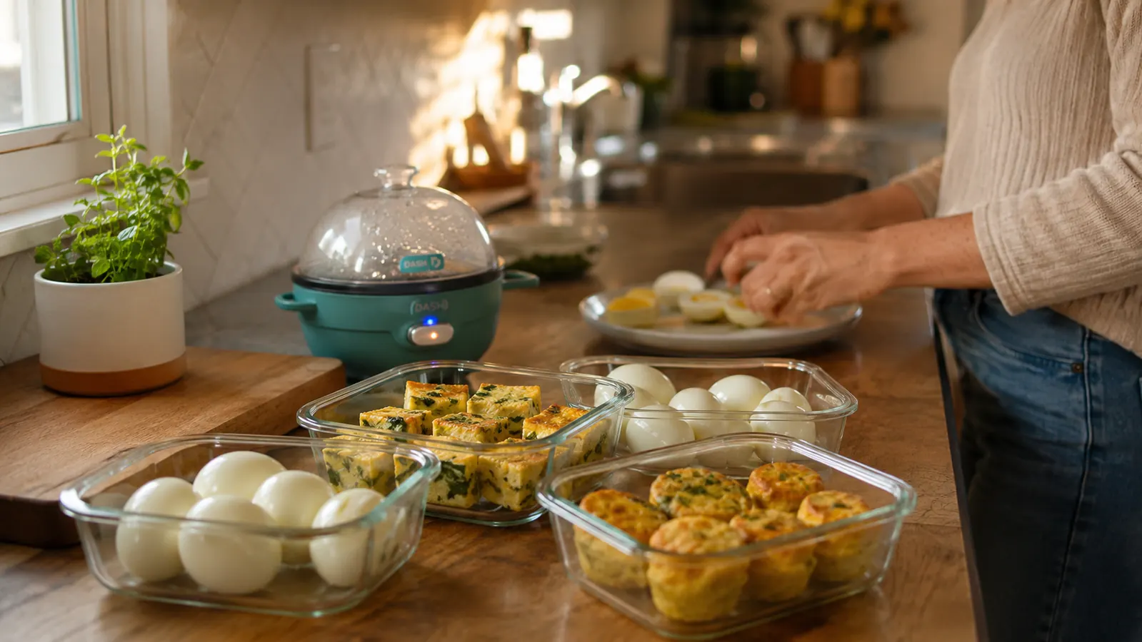 Dash Rapid Egg Cooker on a small apartment kitchen counter next to a row of prepped eggs in glass containers