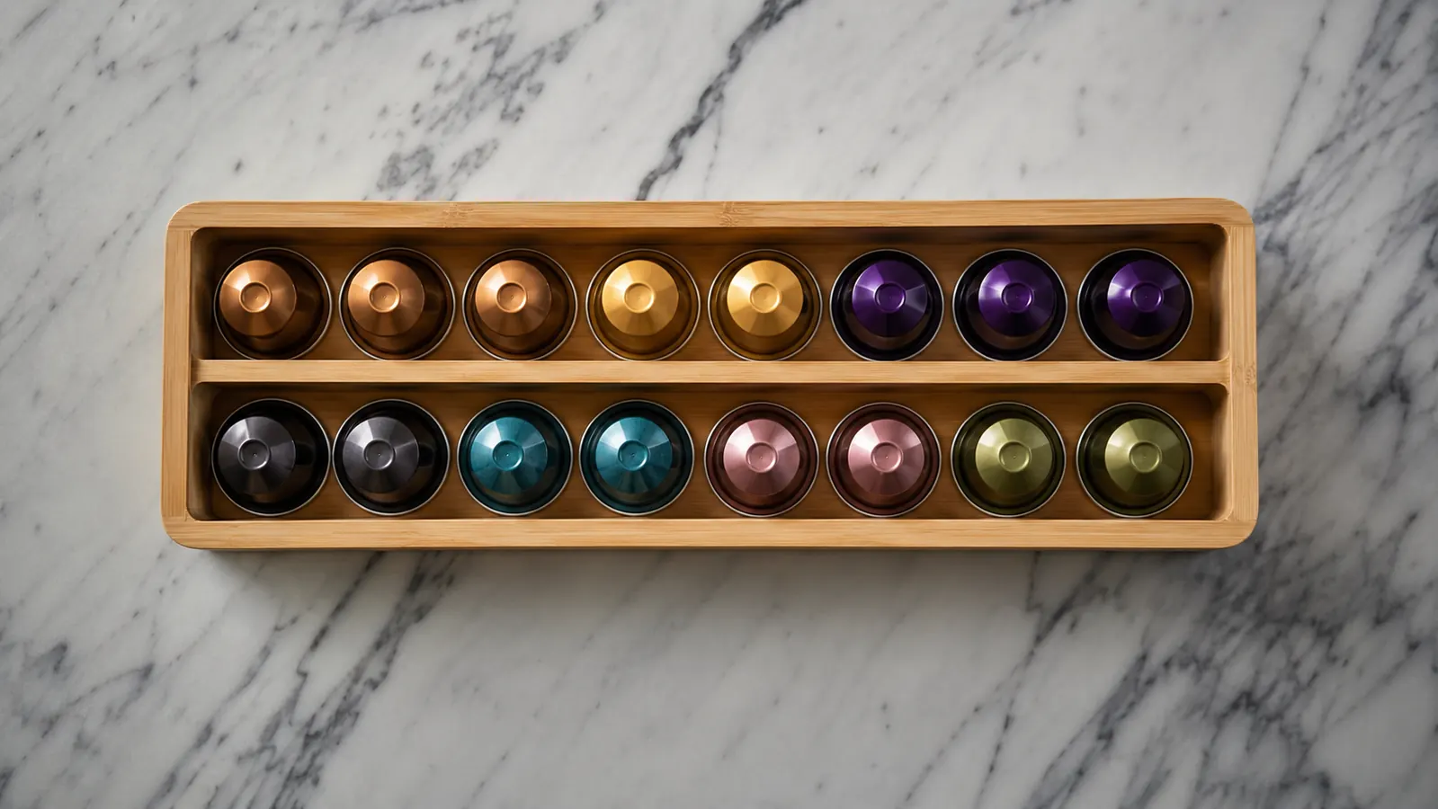 Small wooden tray holding Nespresso capsule pods organized by flavor row on a kitchen counter