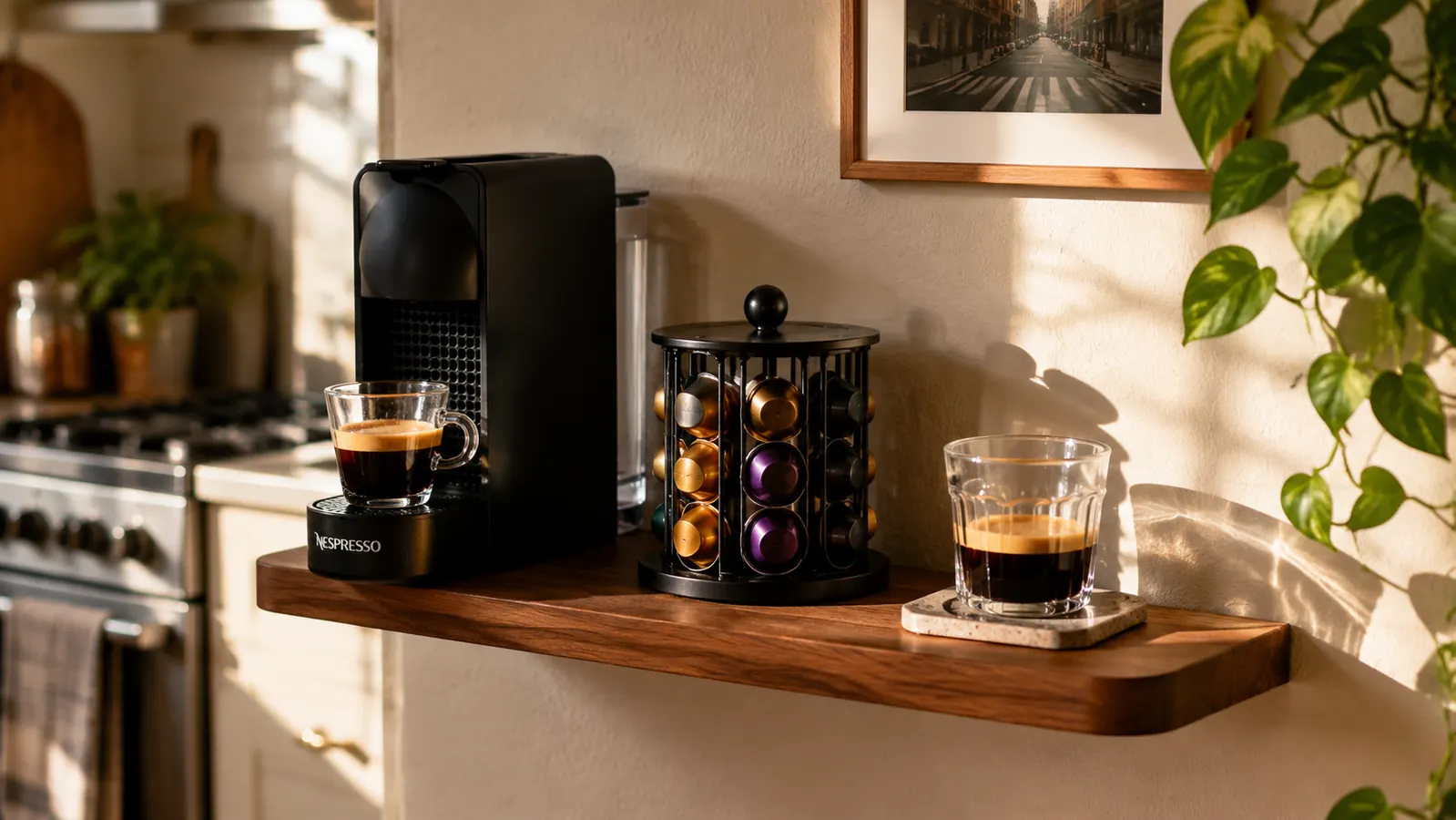 Compact espresso bar corner on a floating shelf with espresso machine, capsule holder, and a small glass of espresso