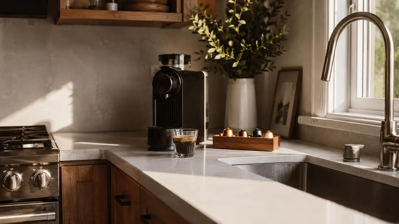 Compact espresso bar setup on a small apartment kitchen counter with the Nespresso Essenza Mini, a glass of espresso, and a small capsule tray