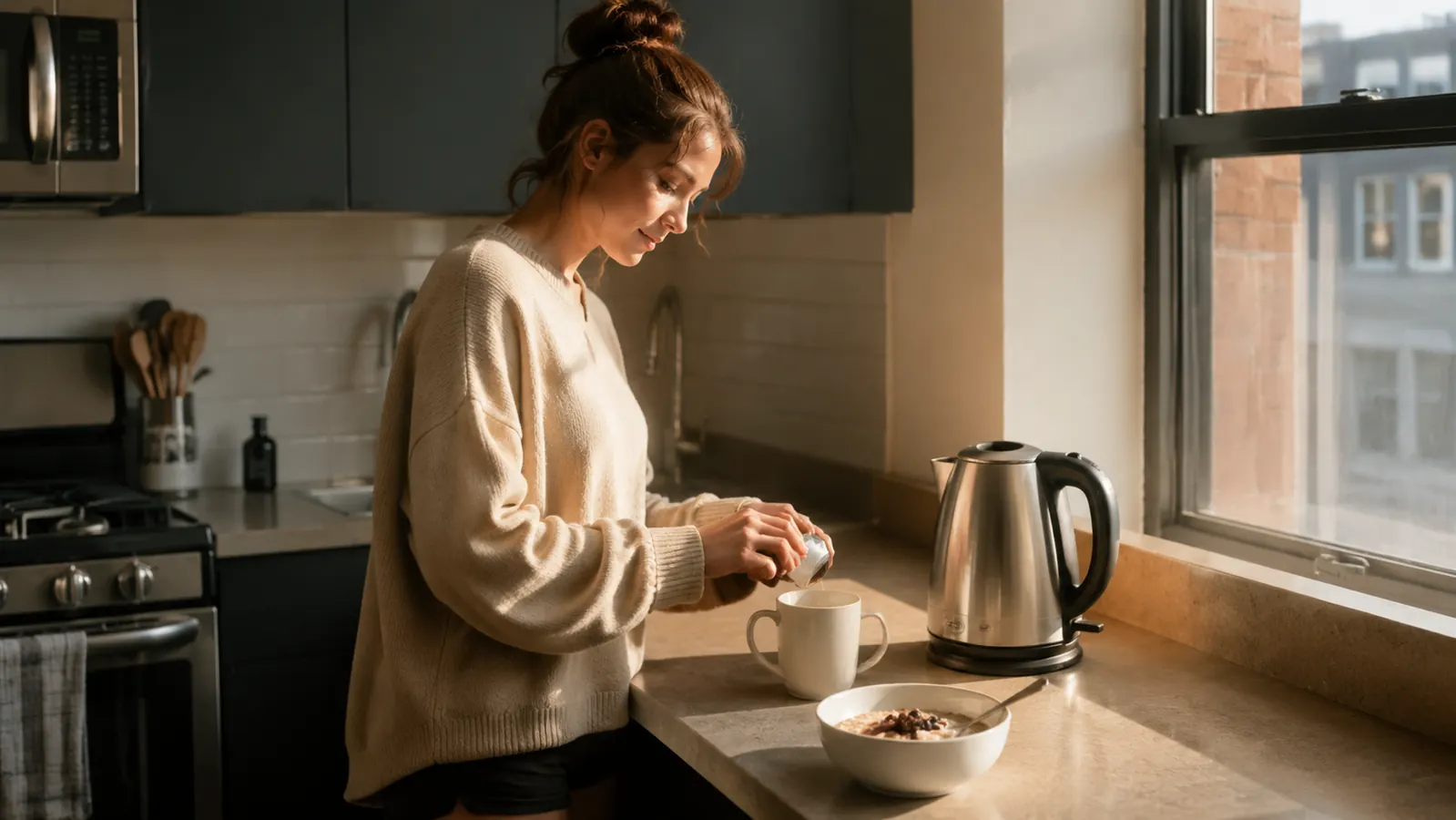 Compact electric kettle on a small apartment kitchen counter next to a coffee mug and oatmeal bowl on a bright weekday morning