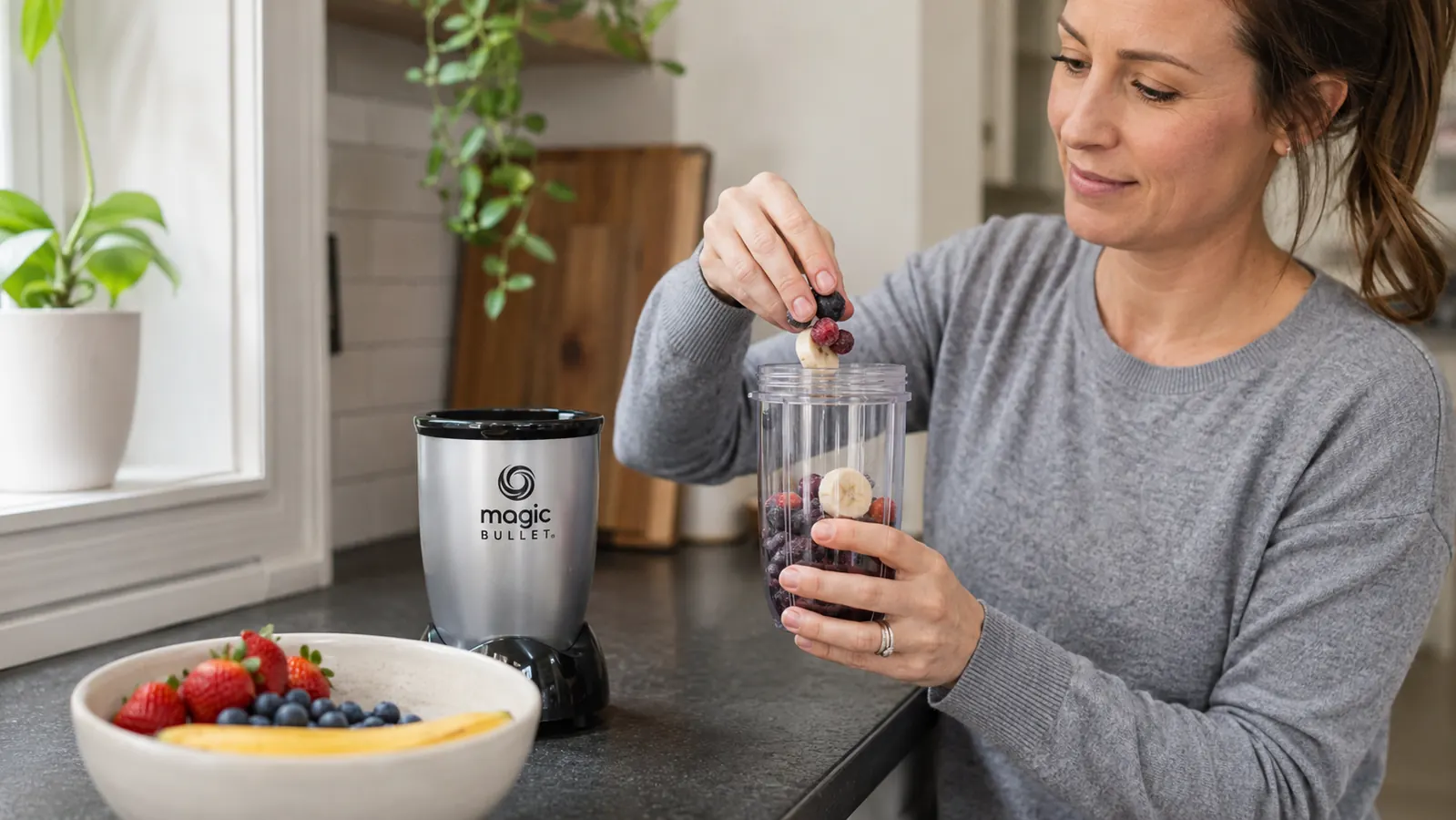 Hand twisting the blade assembly onto a small personal blender cup filled with spinach, banana, and frozen berries