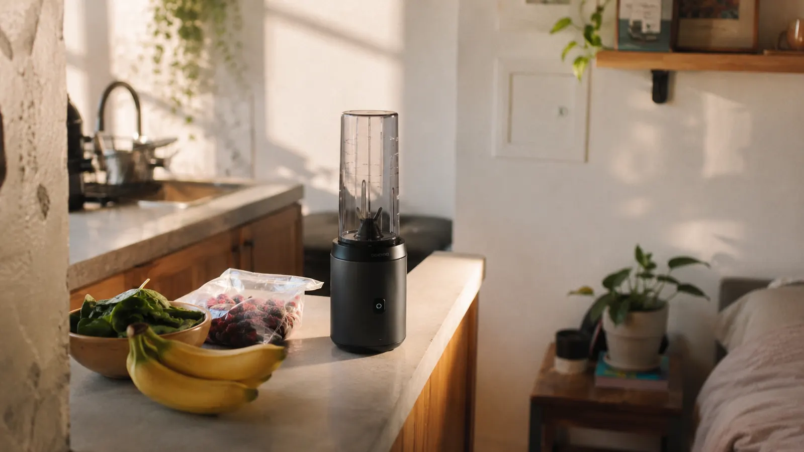 Small apartment kitchen counter with a compact personal blender, frozen berries, a banana, and a bag of spinach in warm morning light