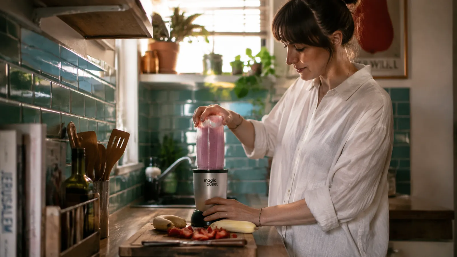 Magic Bullet blender cup and base on a compact apartment kitchen counter beside a cutting board with fresh fruit