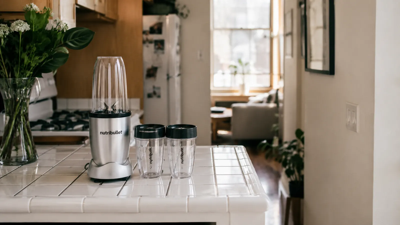 Magic Bullet blender and two short cups arranged on a small apartment kitchen counter next to a window with morning light