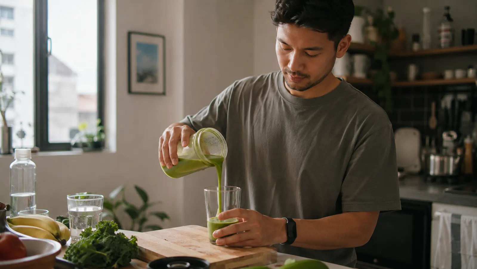 Person pouring a green smoothie from a Magic Bullet travel cup into a glass on a small kitchen counter