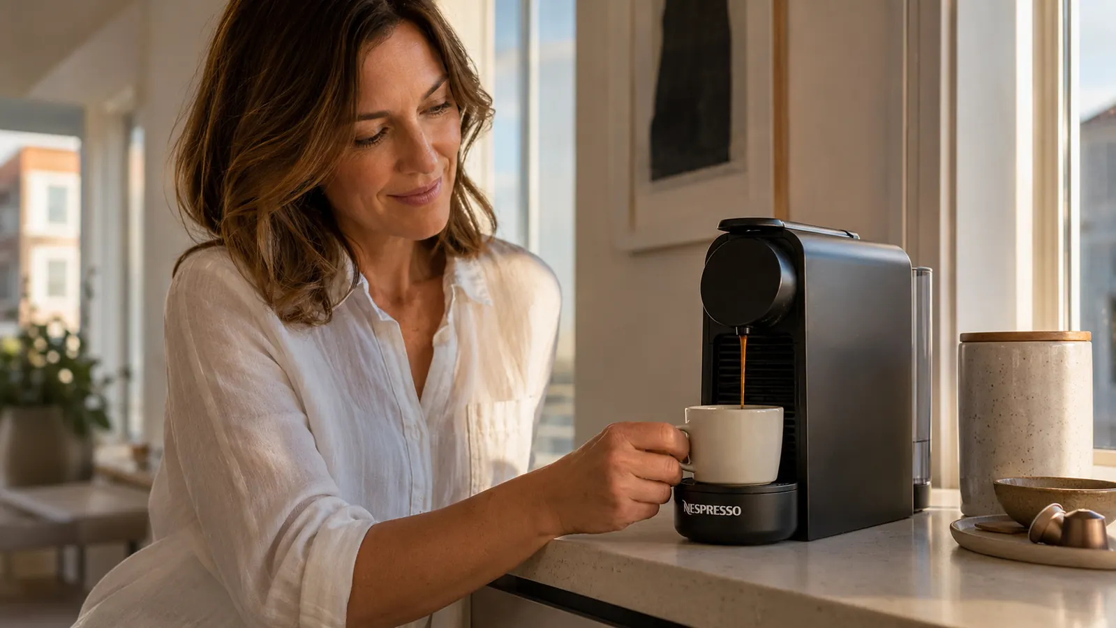 Hand inserting a coffee capsule into a compact espresso machine