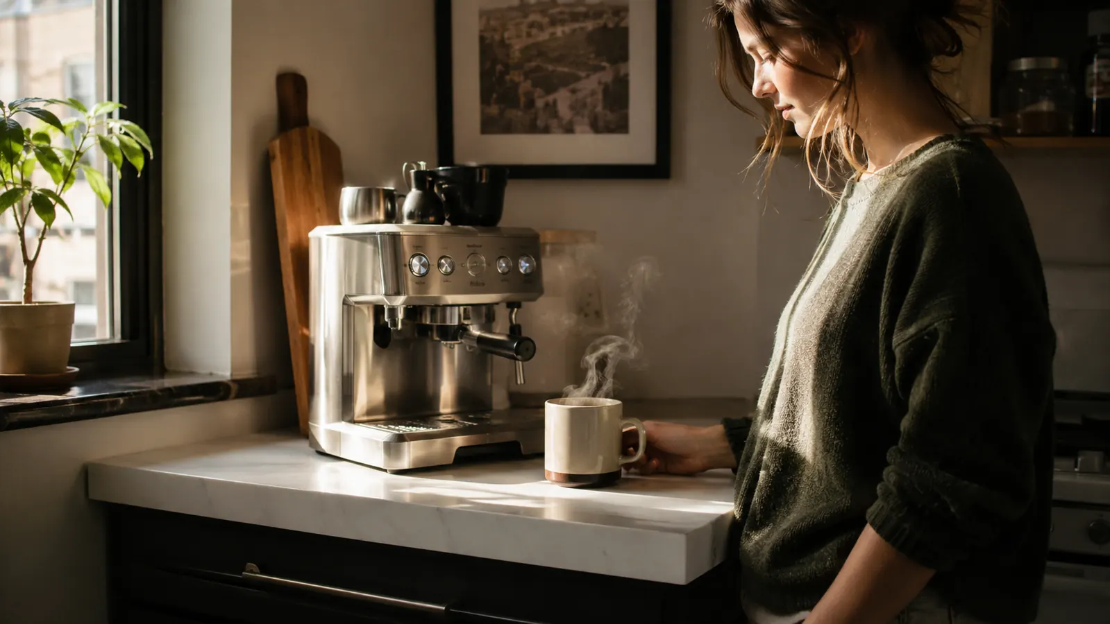 Compact espresso machine on a small apartment kitchen counter next to a ceramic mug with morning light coming through a window