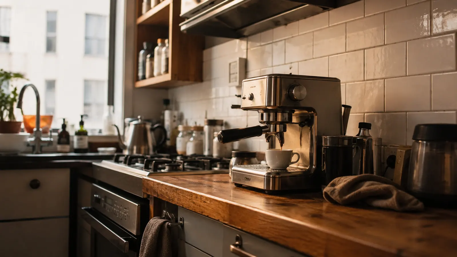 Nespresso Essenza Mini espresso machine sitting on a narrow apartment kitchen counter next to a small toaster, warm morning light through a window