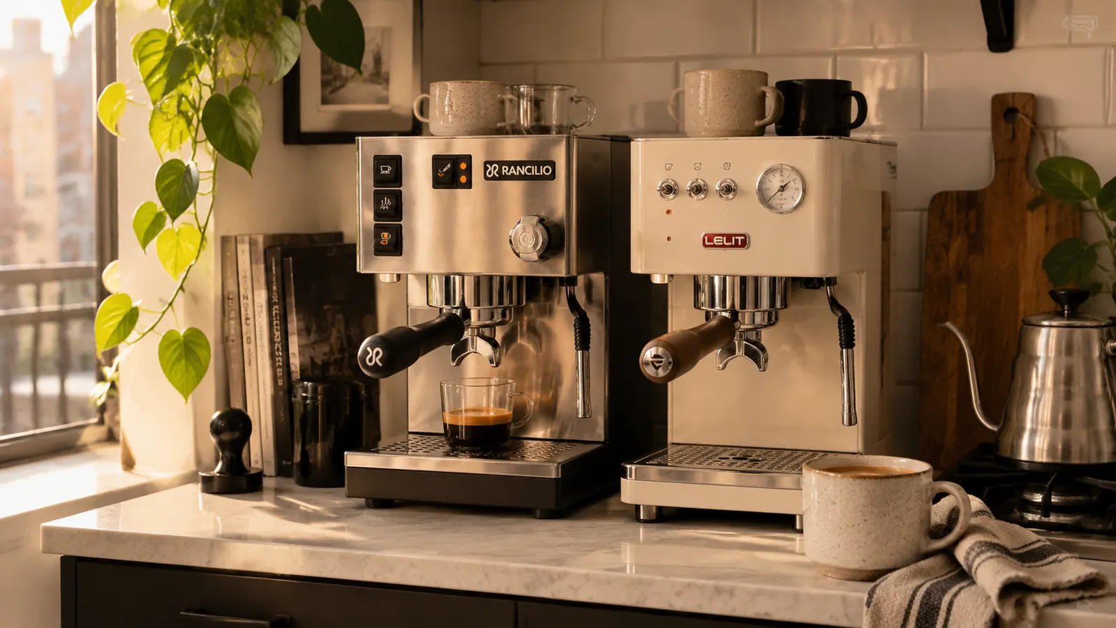 Two compact espresso machines side by side on a narrow apartment kitchen counter with morning light coming through a window